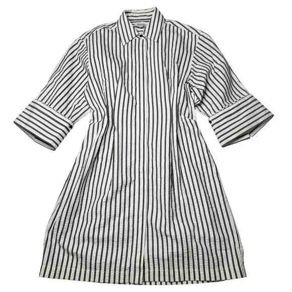 Madewell Tucked Mini Shirtdress White Gray Blue Stripe Roll Sleeve Dress Small 4 - Picture 3 of 10